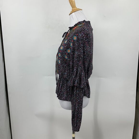 Savanna Jane Boho Top Women S Small Bell Sleeve Peplum Tiered Floral Keyhole Tie - Picture 4 of 11